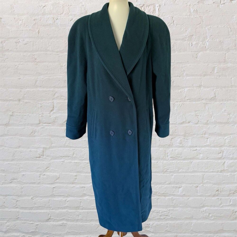 Vintage Women's Teal Green Double-Breasted Wool Blend Trench Coat Jacket Size 14